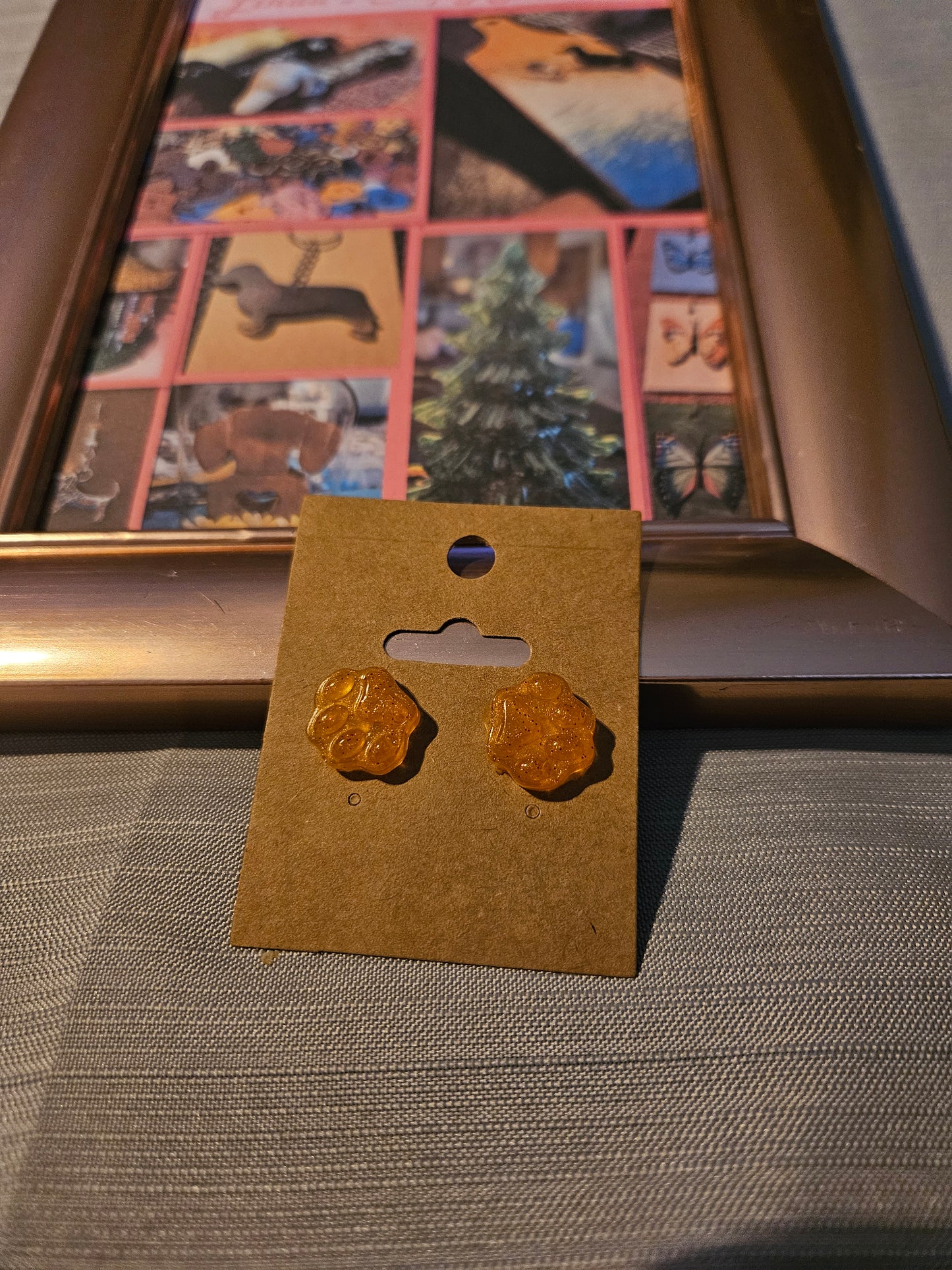 Resin/Metal Earrings (Posts) - Orange Paw Prints #1045