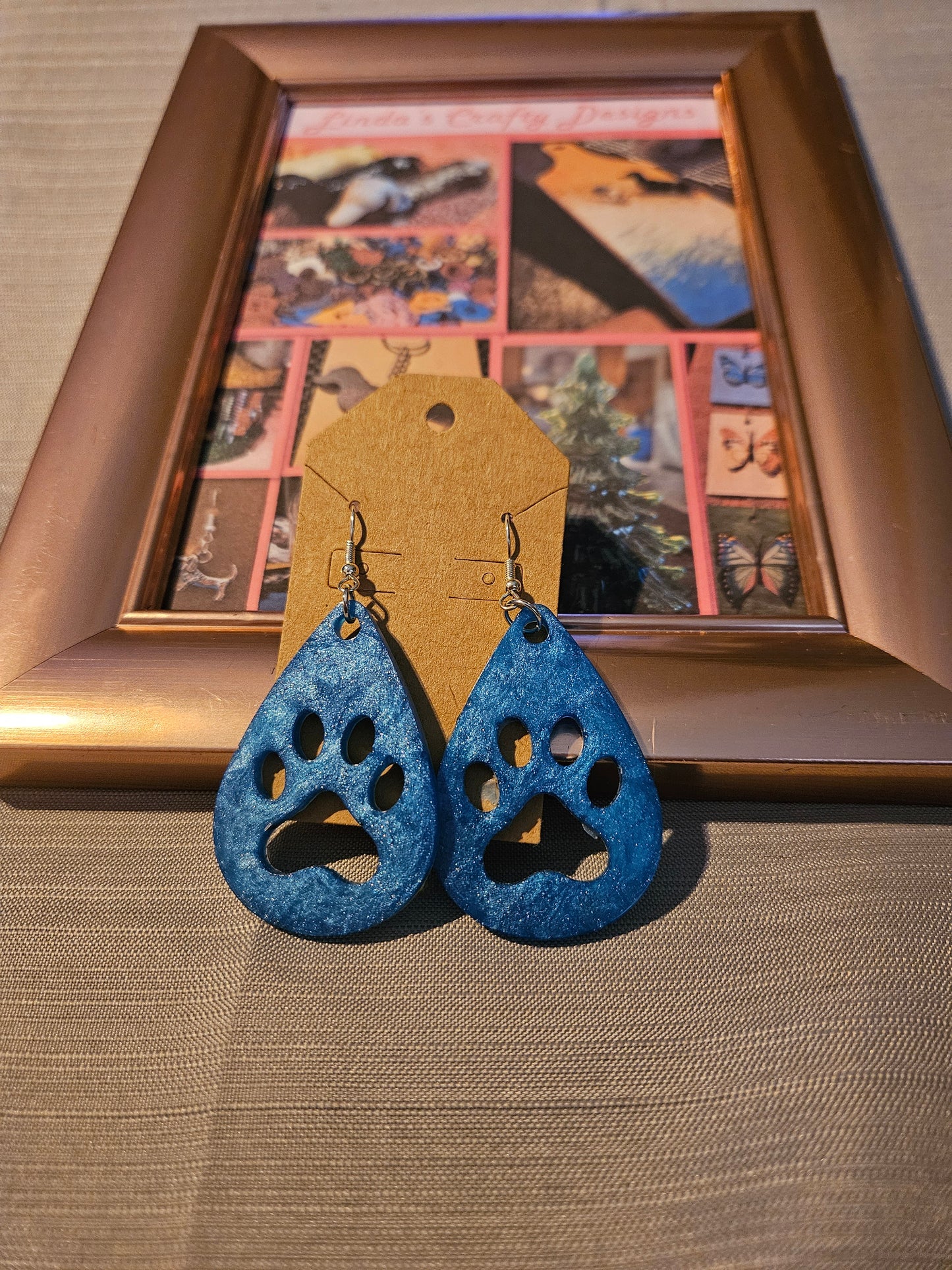 Resin/Metal Earrings (Hook) - Blue Paws in Teardrops #1056