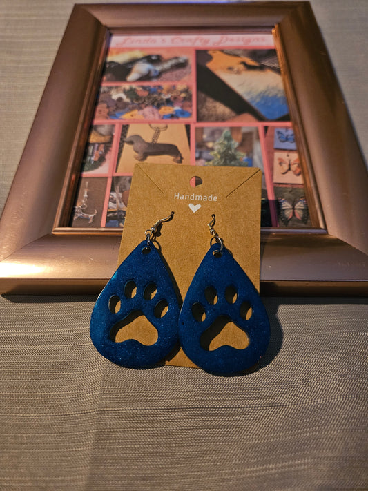 Resin/Metal Earrings (Hook) - Blue Paws in Teardrops #1057