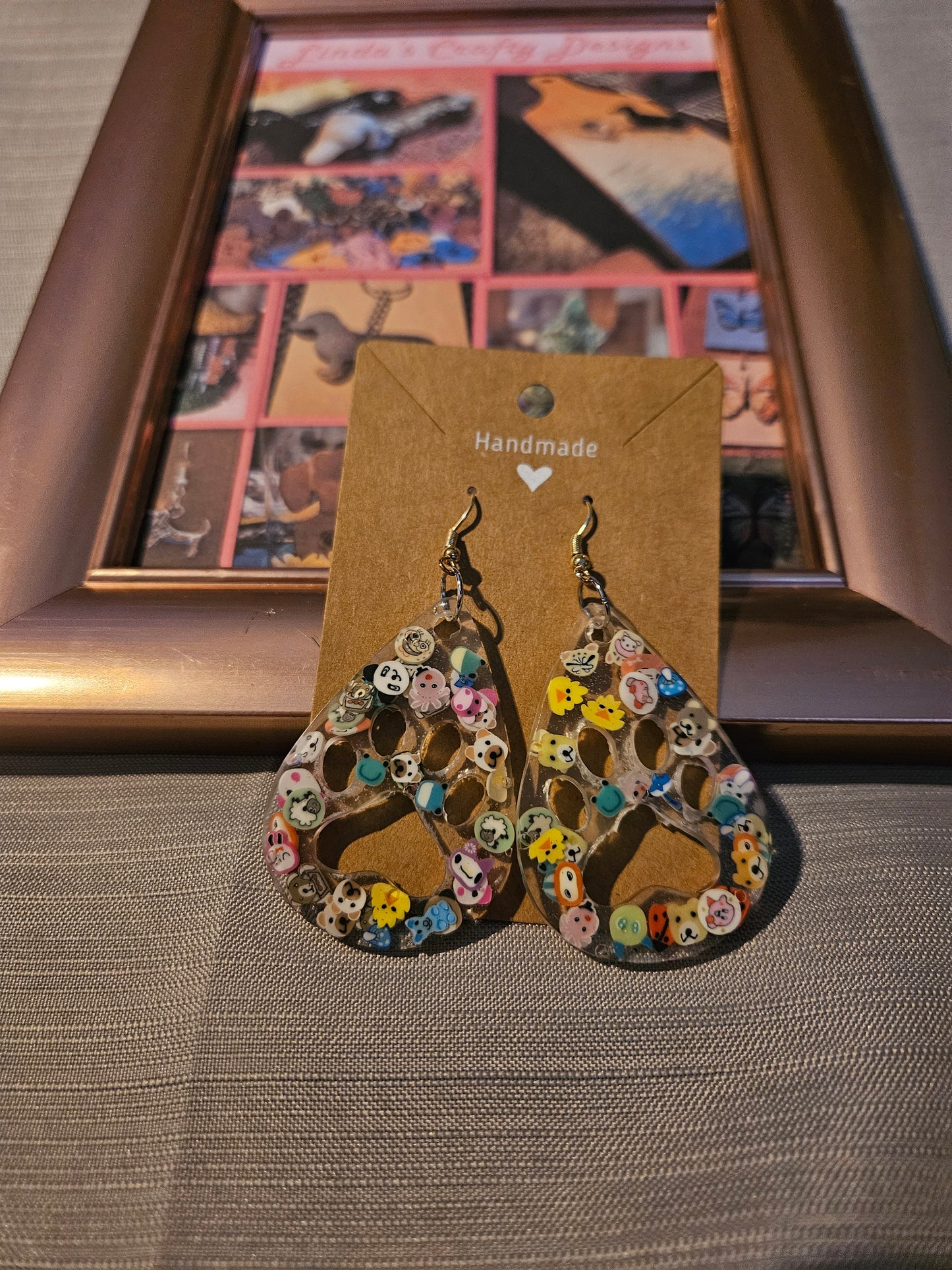 Resin/Metal Earrings (Hook) - Animals in Paws in Teardrops #1058