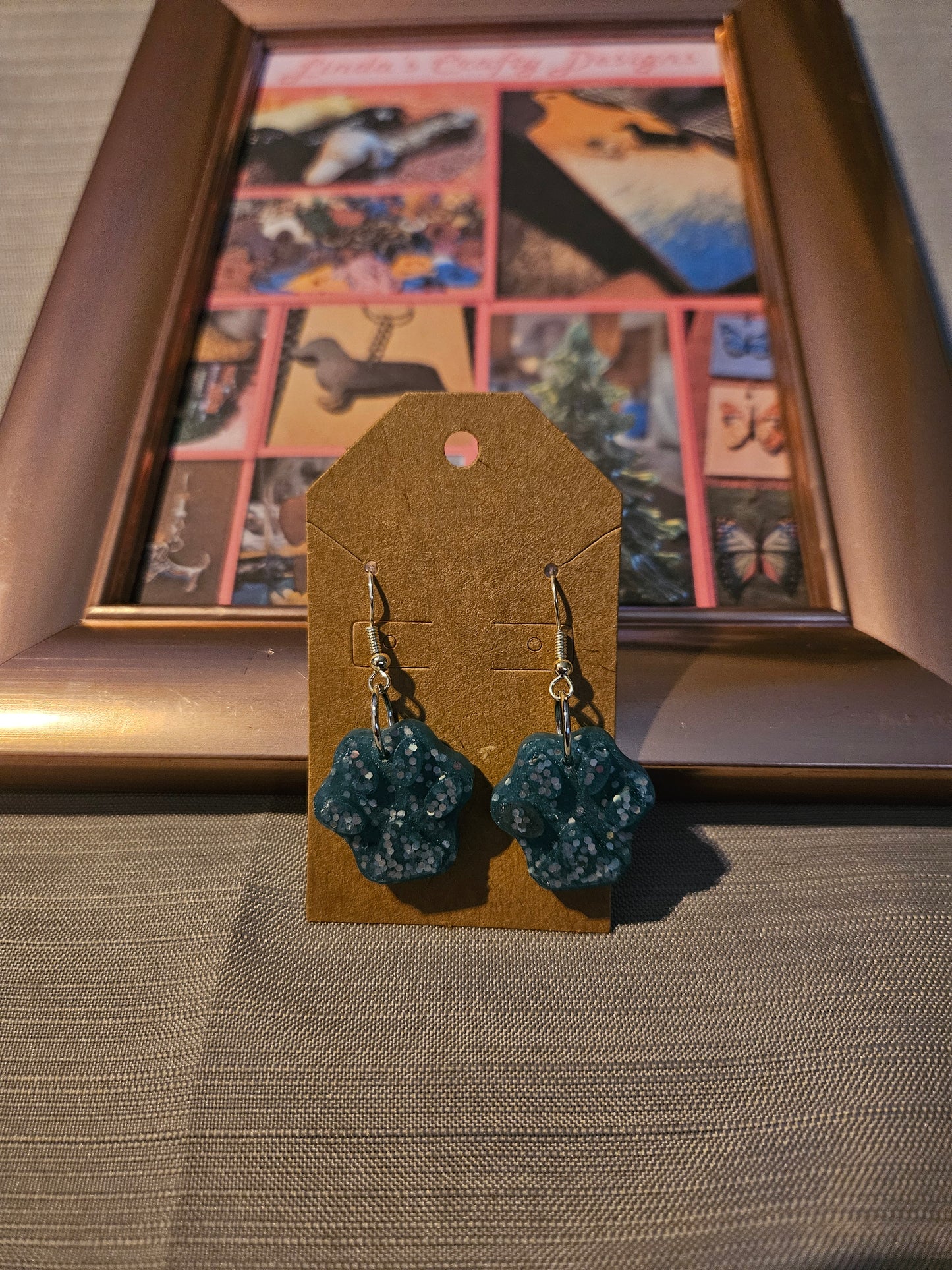 Resin/Metal Earrings (Hook) - Teal Sparkle Paw Prints #1051