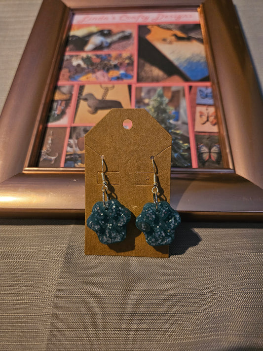 Resin/Metal Earrings (Hook) - Teal Sparkle Paw Prints #1051