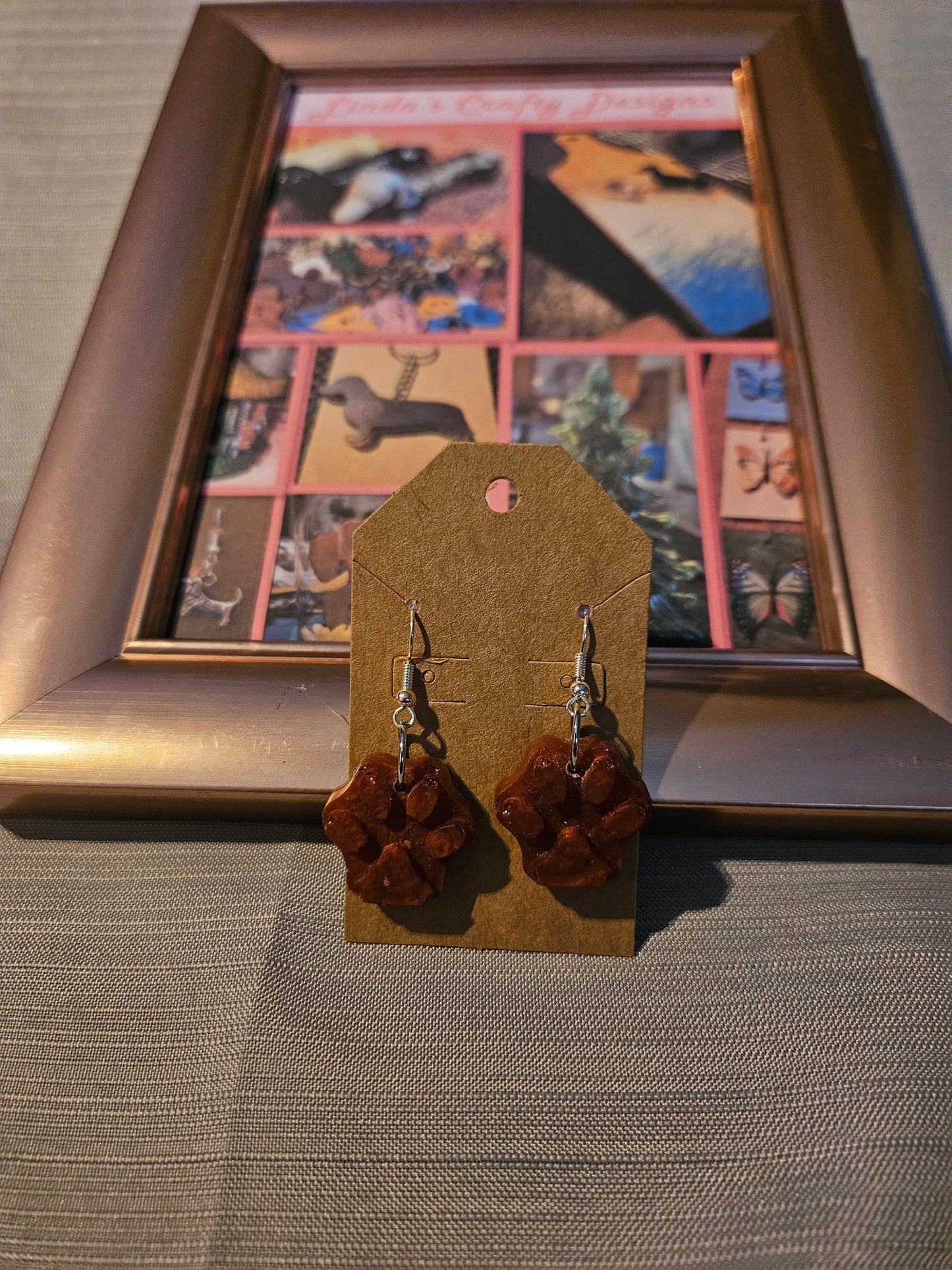Resin/Metal Earrings (Hook) - Bronze Paw Prints #1054