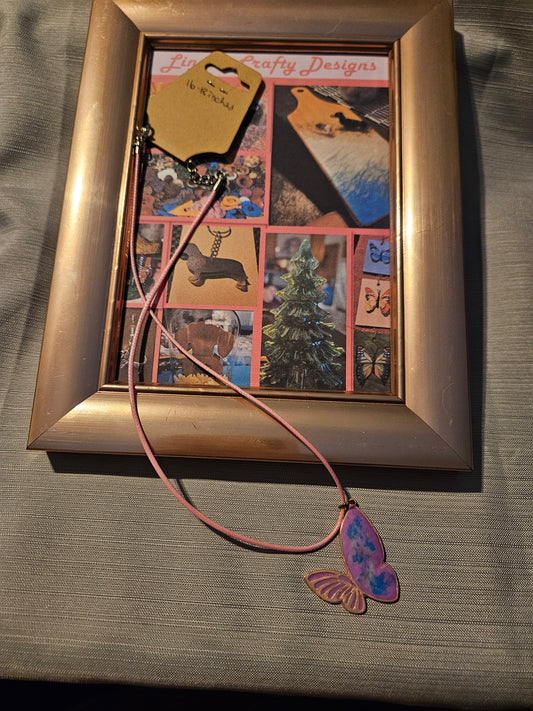 Polymer Clay/Rope Necklace - Butterfly in Pink -  16-18 inches #176