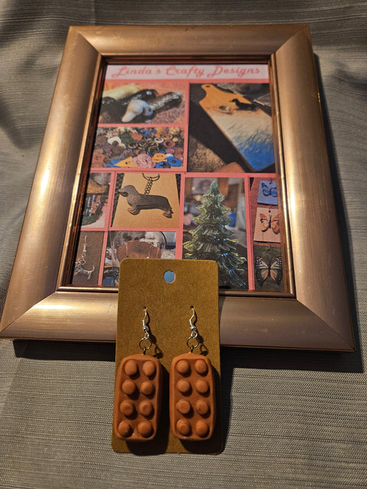 Polymer Clay/Metal Earrings (Hook) - Lego - Brown #35