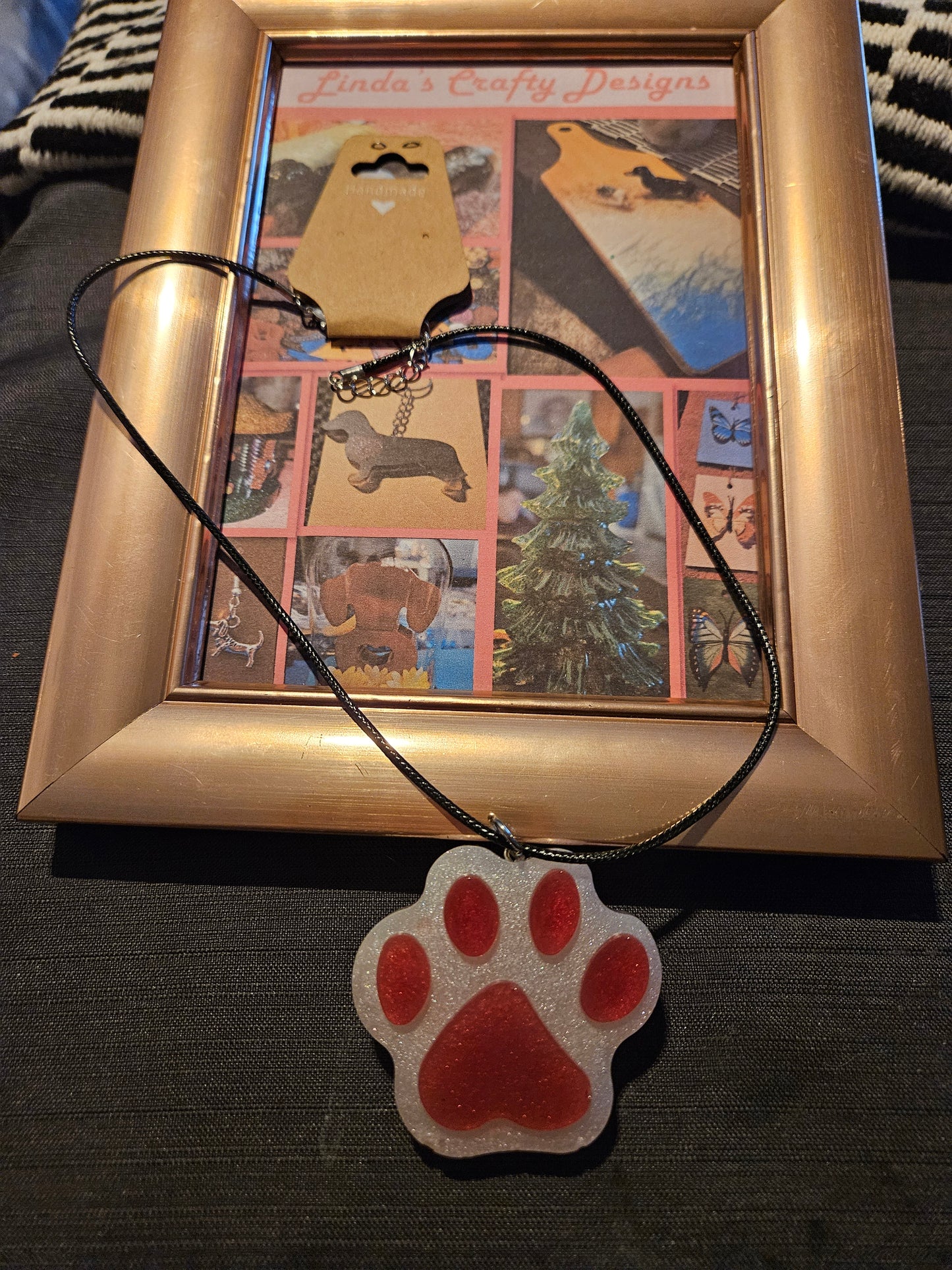 Resin/Leather Rope Necklace - Red Paw #1209