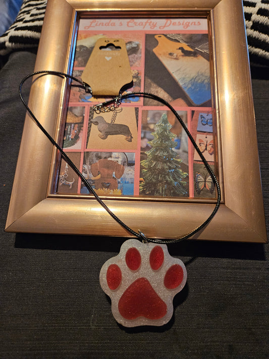 Resin/Leather Rope Necklace - Red Paw #1209