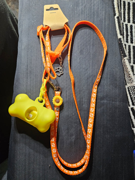 Leash, Collar, and Poop Bag Set - Orange and Yellow #1399