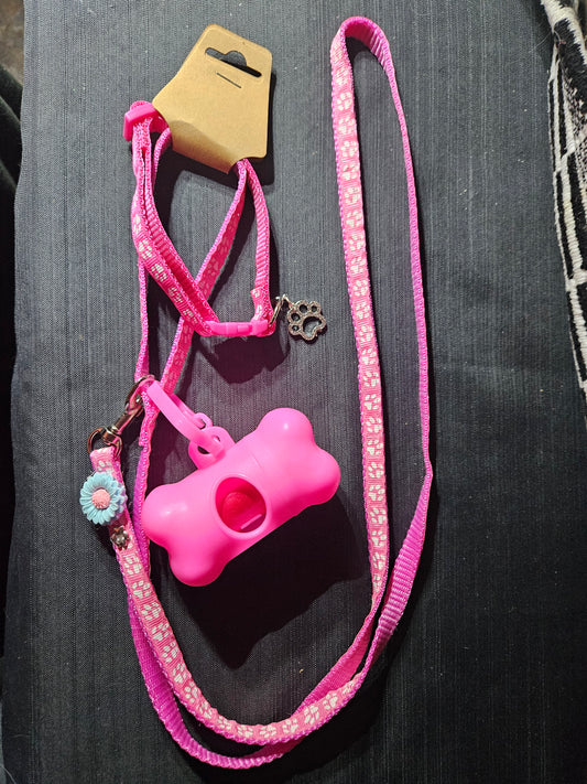 Leash, Collar, and Poop Bag Set - Dark Pink #1401